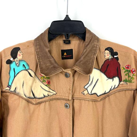 Vtg Liz Claiborne Sport Painted Southwestern Woman Feather Duster Coat Sz MP - Picture 2 of 16